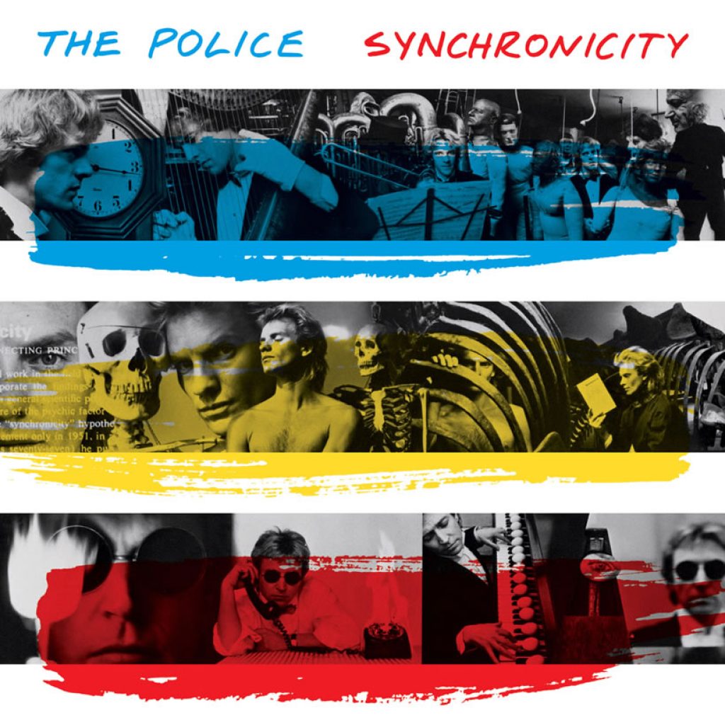 The album cover of Synchronicity by the Police, showing pictures of Sting, Andy Summers, and Stewart Copeland in red, yellow, and blue stripes